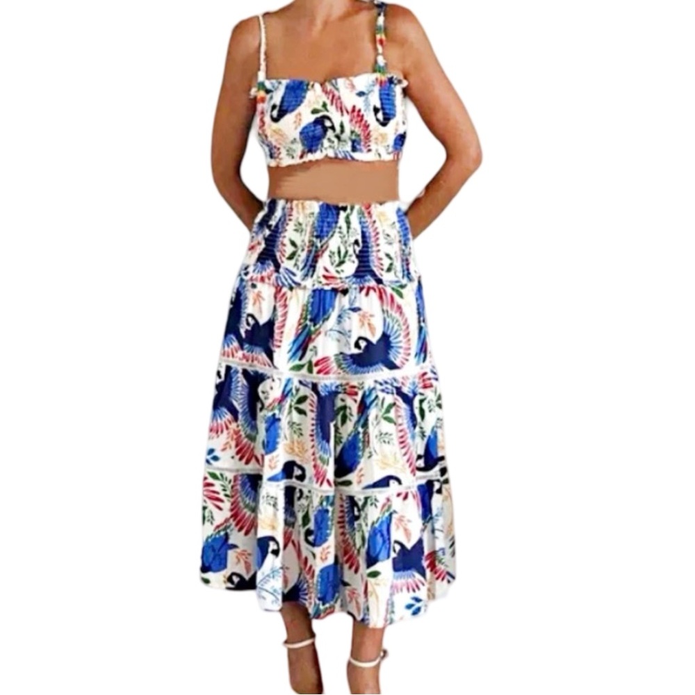 House of Harlow 1960 XS Two-Piece Set Tropical Parrot Print Crop Top Maxi Skirt